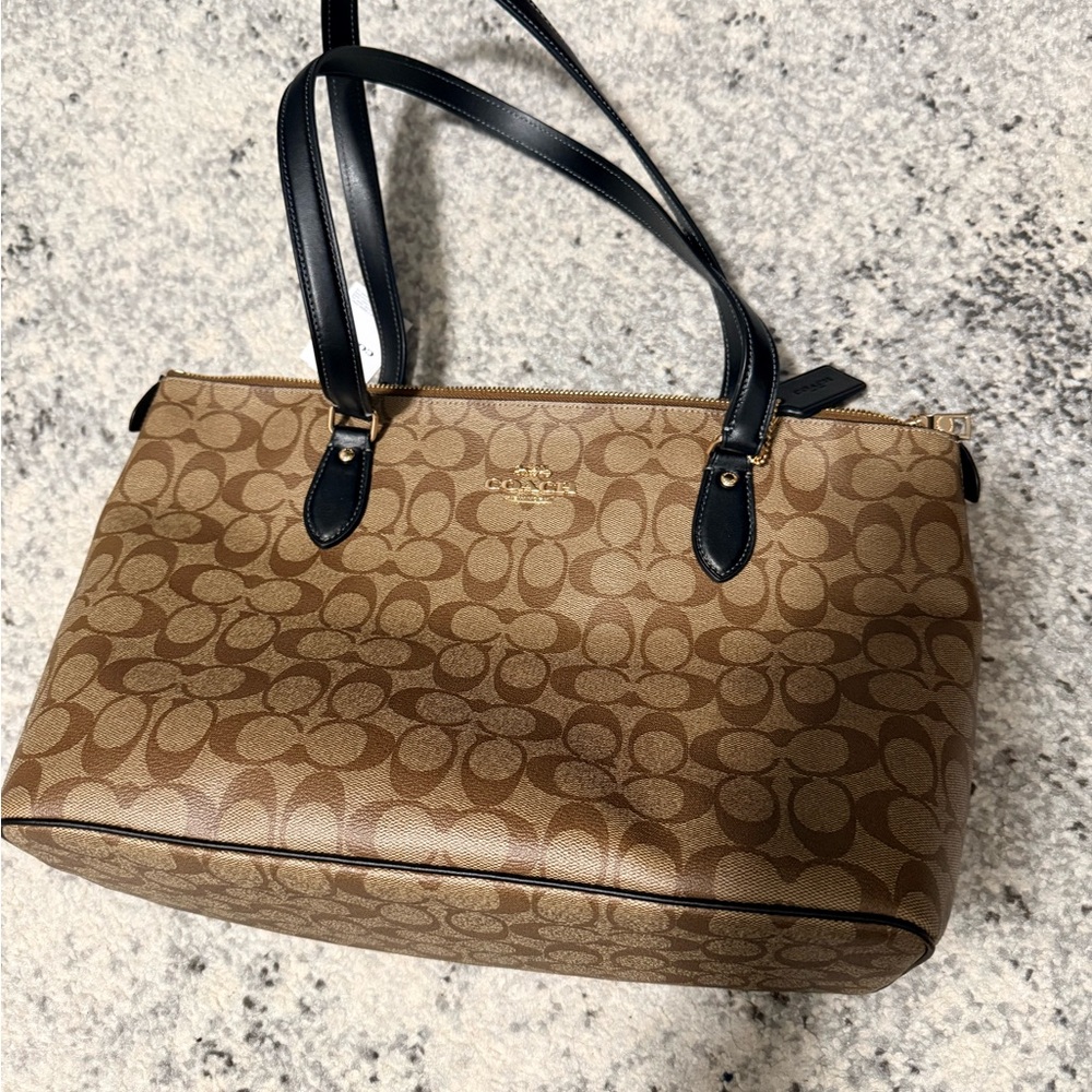 Coach Tan and Black Signature Shoulder Bag
